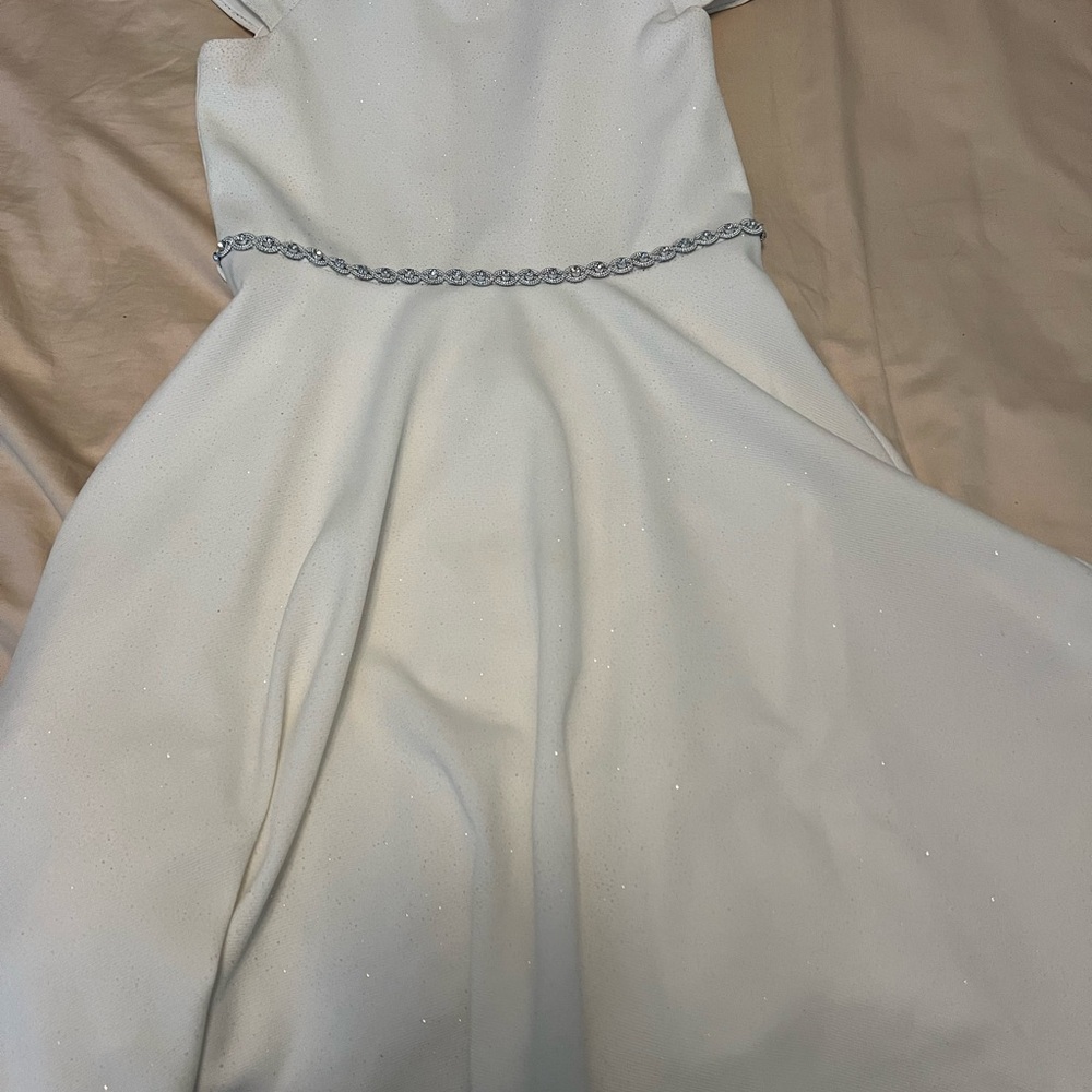 Girls White Sparkle Fit-and-Flare Dress Speechless with Decorative Waist Trim